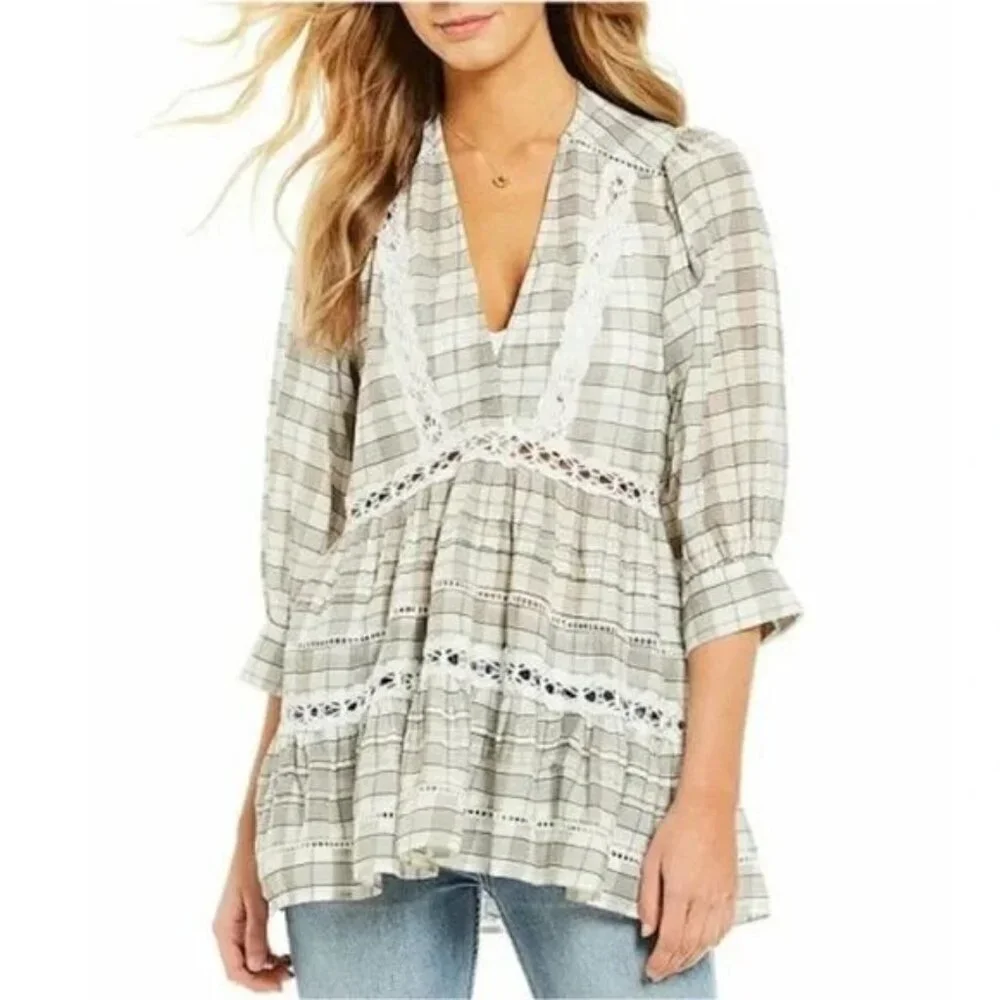 Free People White Grey‎ Plaid Time Out Eyelet Tiered Tunic Top